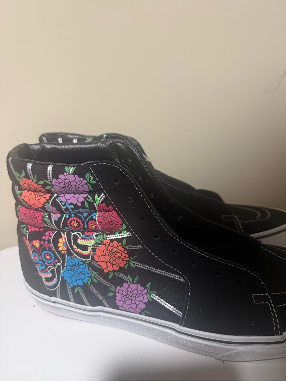 Vans Black High-Top Sneakers with Multicolor Floral Skull Embroidery